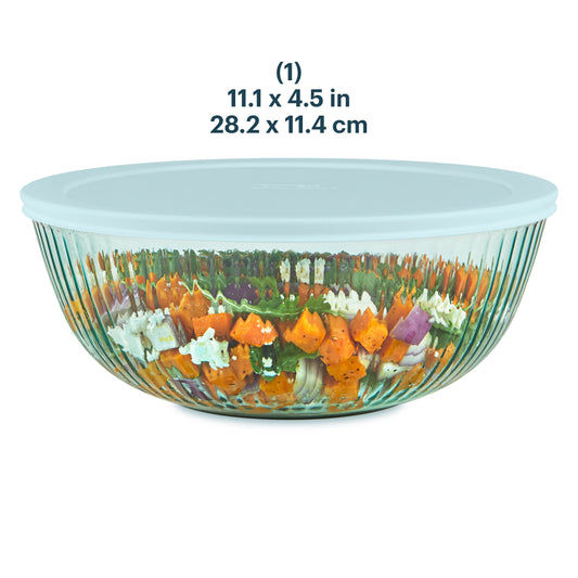 Glass mixing bowl with colorful vegetables and dimensions displayed