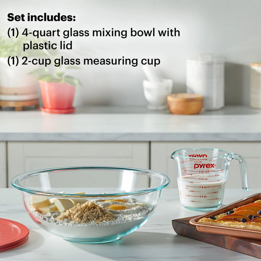photo of prep set on the table with text one of each included 4-qt glass mixing bowl with lid & 2-cup glass measuring cup