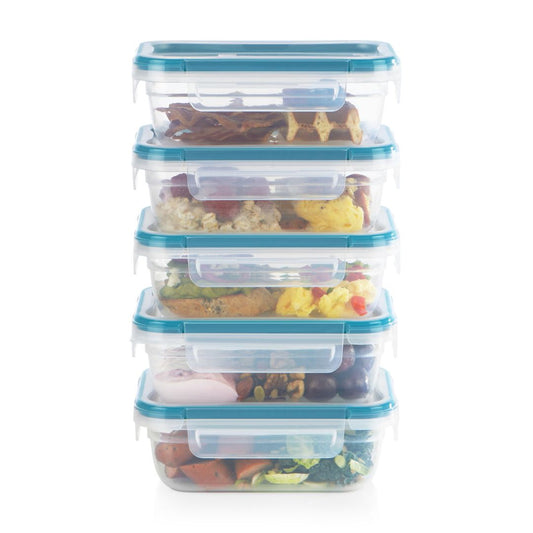 Set of stacked food storage containers with blue lids on a white background