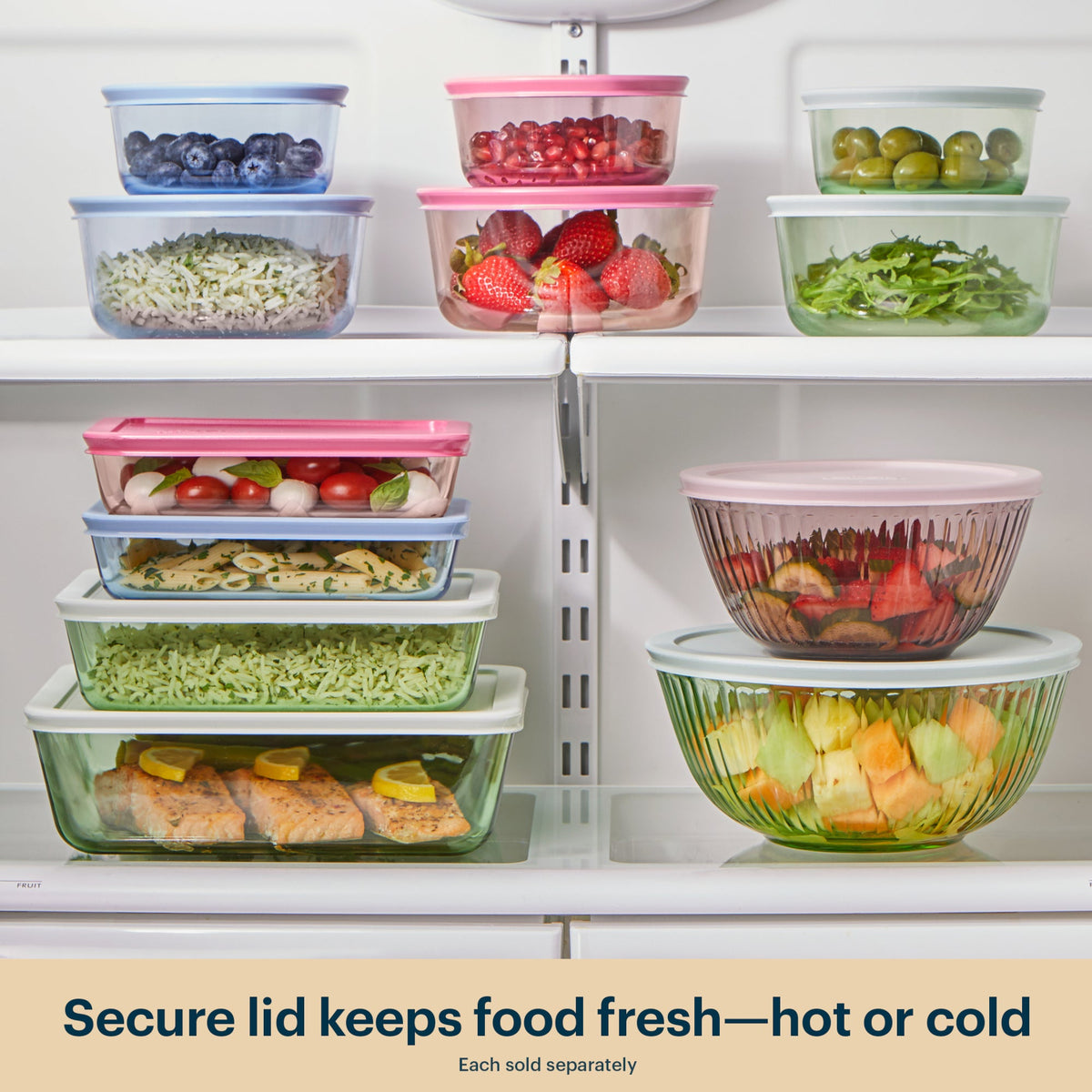 Stack of food storage containers with various foods on a refrigerator shelf.