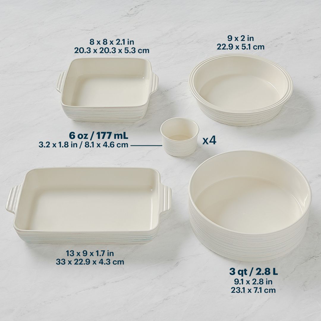 Set of ceramic dishes with measurements on a white background