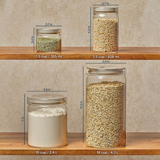 Glass jars with measurements on a wooden shelf against a beige wall.