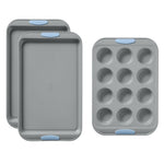 Set of gray baking trays with blue silicone grips on a white background