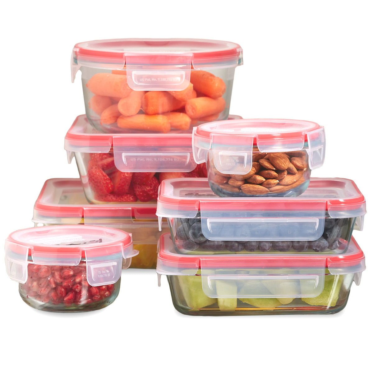 Set of clear food storage containers with red lids containing various foods on a white background