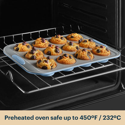 Muffin tray with baked muffins in an oven, featuring a text overlay about preheating temperature.