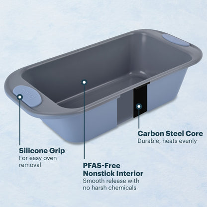Gray nonstick loaf pan with silicone grips and carbon steel core labels shown.