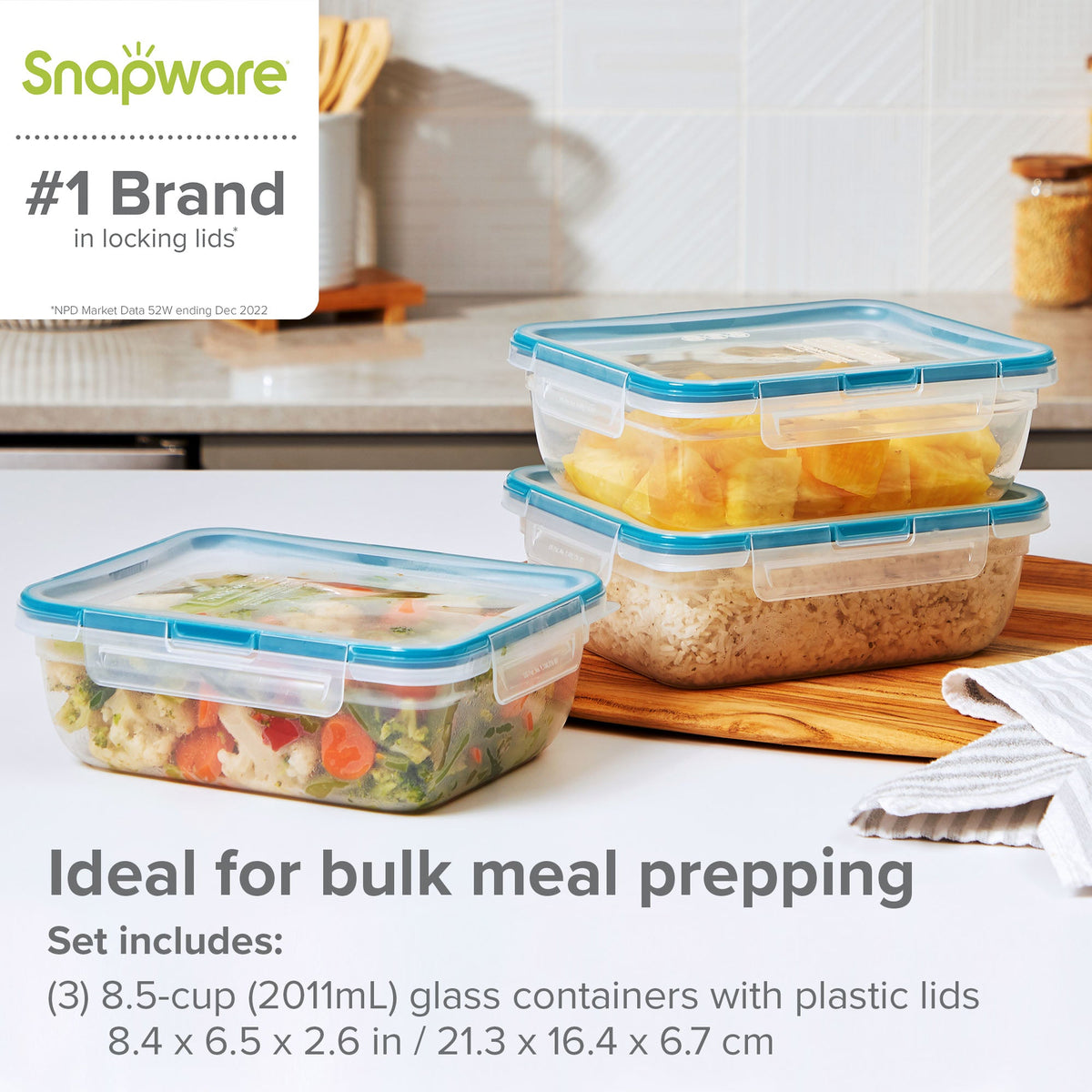 Snapware food storage containers with lids on a kitchen counter
