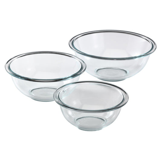 Three clear glass bowls on a white background